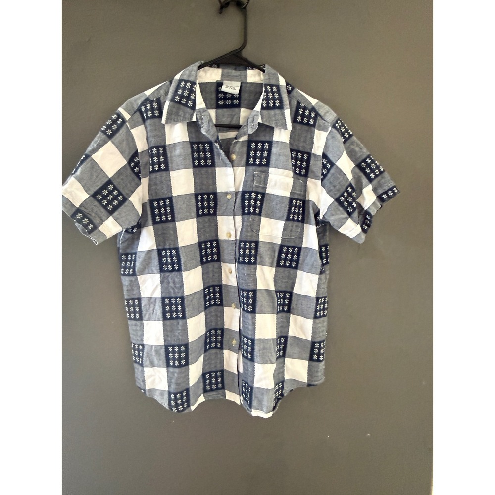 Cascade Vintage Cottage Blue White Checkered Floral Embroidered Cotton Shirt‎ L